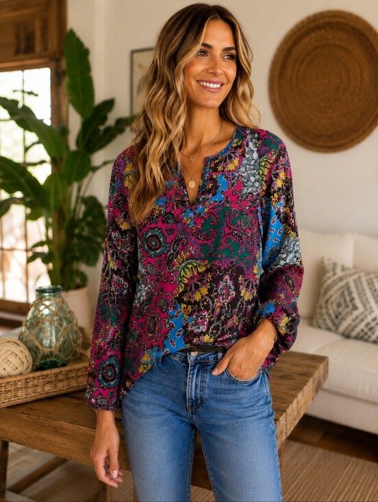 Lucky Brand Tops - Lucky Brand XS Boho Paisley Floral Cotton Peasant Top Pink Blue
